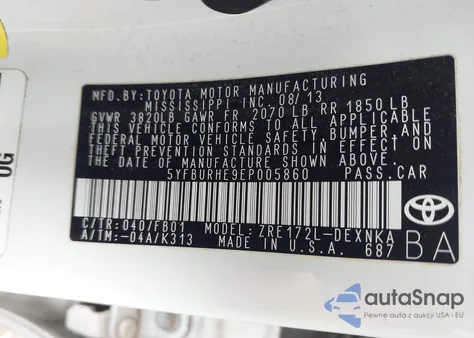 2014 Toyota Corolla Le Plus из США, поврежденный, VIN 5YFBURHE9EP005860